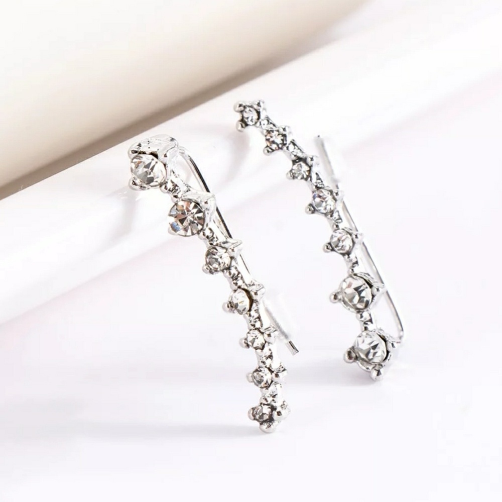 Silver Rhinestone Ear Climber Earrings - Picture 4 of 5
